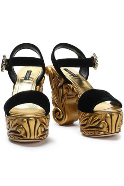 Dolce & Gabbana Woman Embellished Velvet Platform Sandals Black