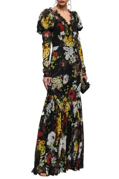 Dolce & Gabbana Fluted Wrap-effect Floral-print Silk-blend Chiffon Gown In Black