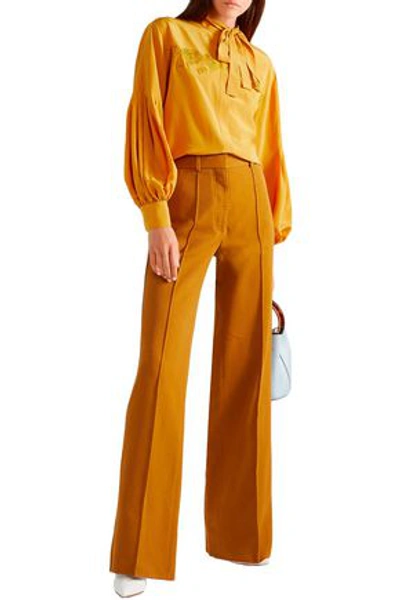 Fendi Pussy-bow Embroidered Pleated Silk Crepe De Chine Blouse In Marigold