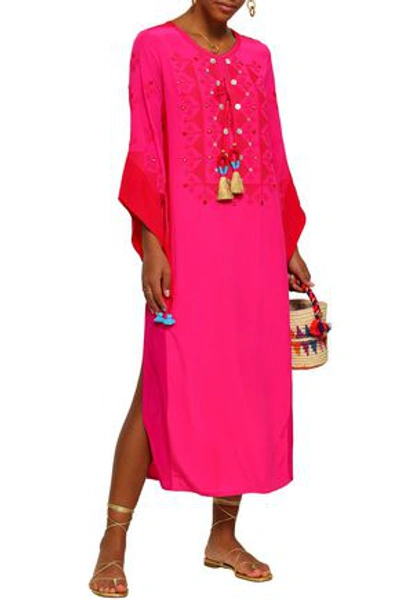 Figue Woman Embellished Embroidered Silk Crepe De Chine Kaftan Bright Pink