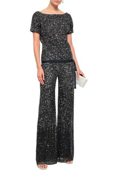 Jenny Packham Sequined Tulle Flared Trousers In Midnight Blue