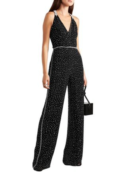 Jenny Packham Cutout Wrap-effect Crystal-embellished Silk-chiffon Jumpsuit In Black