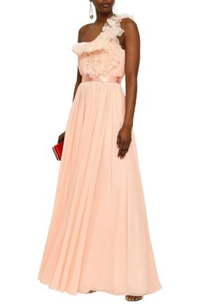 Lanvin One-shoulder Ruffled Organza-trimmed Silk-georgette Gown In Peach