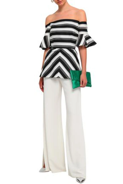 Lela Rose Woman Off-the-shoulder Striped Cotton And Silk-blend Peplum Top Gray
