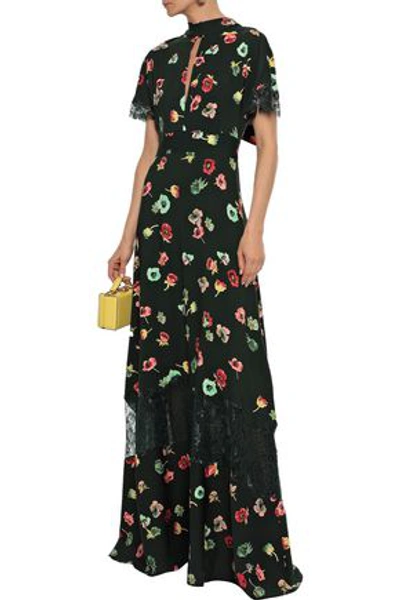 Lela Rose Coated Lace-paneled Cutout Floral-print Crepe De Chine Gown In Forest Green