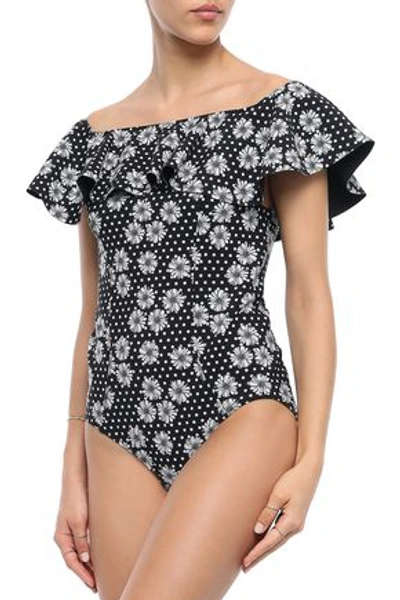 Lisa Marie Fernandez Mira Off-the-shoulder Ruffled Floral-print Swimsuit In Black