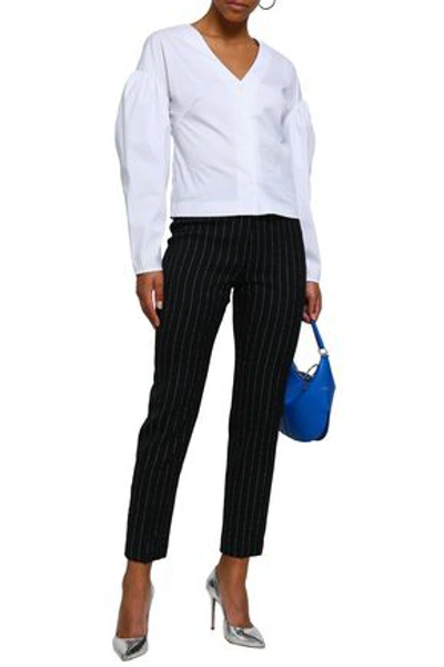 Milly Pinstriped Wool-blend Crepe Tapered Trousers In Black