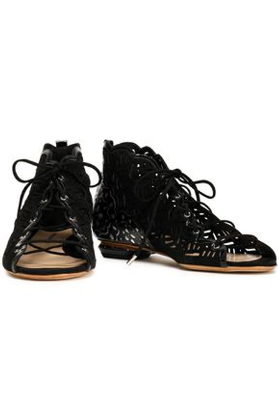 Nicholas Kirkwood Lace-up Patent Leather-trimmed Laser-cut Suede Sandals In Black