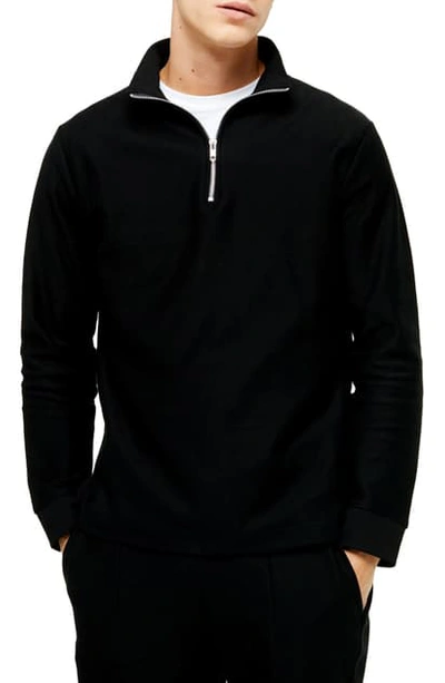 Topman Classic Quarter Zip Twill Knit Sweatshirt In Black