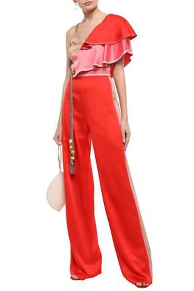 Peter Pilotto Woman Color-block Satin-paneled Tasseled Crepe Jumpsuit Tomato Red