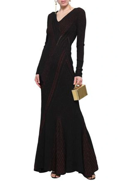 Roberto Cavalli Open-back Metallic Ribbed-knit Gown In Merlot