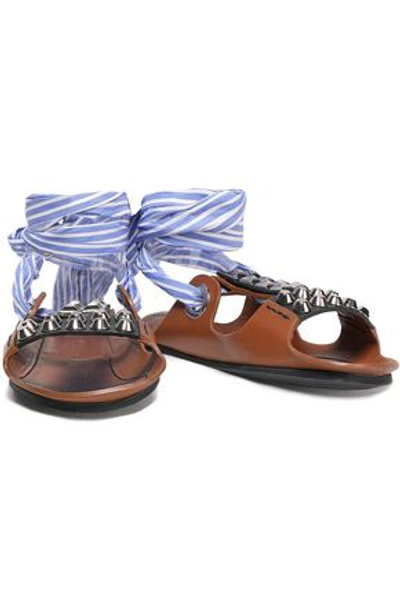 Prada Studded Leather And Striped Woven Sandals In Brown