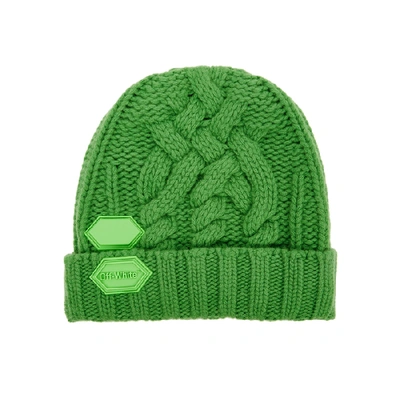 Off-white Green Cable-knit Wool Beanie