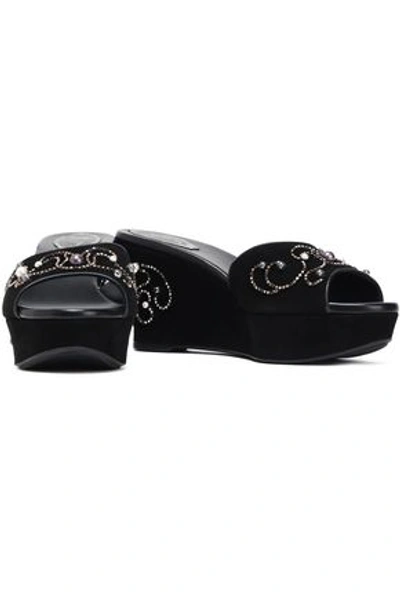 René Caovilla Rene' Caovilla Woman Embellished Suede Wedge Mules Black