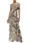 ROBERTO CAVALLI COLD-SHOULDER RUFFLED SNAKE-PRINT SILK-CHIFFON MAXI DRESS,3074457345620906413