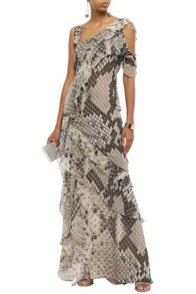 Roberto Cavalli Cold-shoulder Ruffled Snake-print Silk-chiffon Maxi Dress In Mushroom