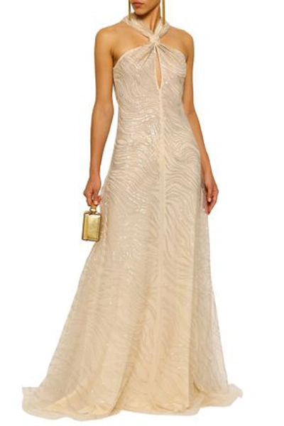 Roberto Cavalli Woman Flared Sequined Tulle Gown Beige