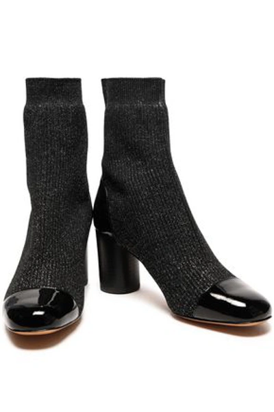 Sandro Woman Patent Leather-trimmed Ribbed-knit Ankle Boots Black