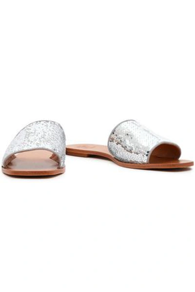 Tory Burch Woman Sequined Knitted Slides Silver In Metallic | ModeSens