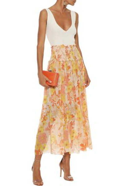 Zimmermann Primrose Shirred Floral-print Cotton And Silk-blend Midi Skirt In Marigold