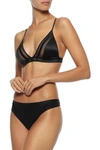 KIKI DE MONTPARNASSE KIKI DE MONTPARNASSE WOMAN EXPOSE TULLE-TRIMMED STRETCH-SILK SATIN TRIANGLE BRA BLACK,3074457345620867654