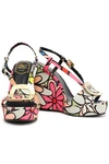 ROGER VIVIER CHIPS BUCKLE-EMBELLISHED FLORAL-PRINT COTTON-CANVAS WEDGE SANDALS,3074457345621094625