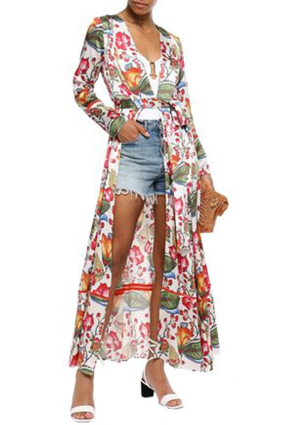 We Are Leone Belted Floral-print Silk-satin Robe In White