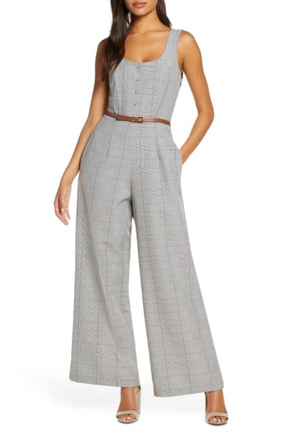 Julia Jordan Belted Glen Plaid Wide Leg Jumpsuit In Tan Multi