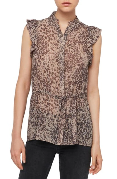 Allsaints Laney Flutter Sleeve Tie Waist Top In Camel Brown