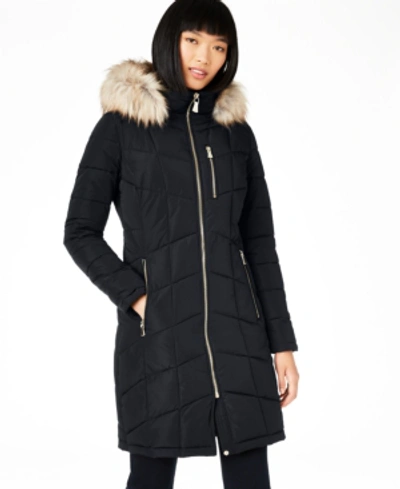 Calvin Klein Petite Faux-fur-trim Hooded Puffer Coat, Created For Macy's In Navy