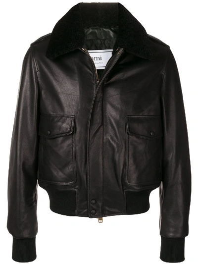 Ami Alexandre Mattiussi Shearling Grained Leather Jacket In Black