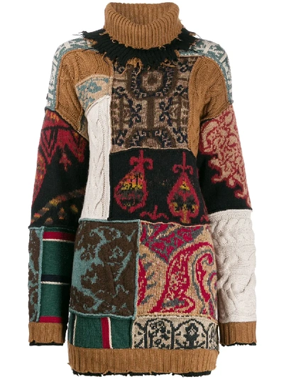 Etro Chunky Patchwork-intarsia Turtleneck Jumper In Brown