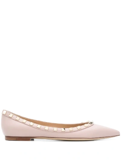 Valentino Garavani Valentino Pointed Toe Flat Shoes With Gold-tone Rockstuds In Pink