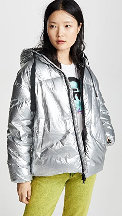 Add Oversized Hooded Down Jacket In Silver Metal