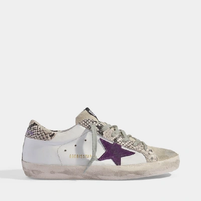 Golden Goose Superstar Sneakers In White Leather With Snake Details And Purple Star