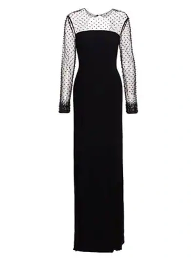Escada Greha Long-sleeve Jeweled-tulle Illusion Column Gown In Black