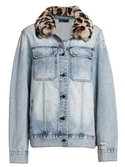 Ava & Kris Jane Fox Fur-collar Denim Jacket In Leopard