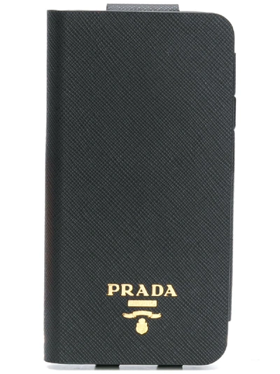 Prada Iphone X Flap Logo Case In F0002 Black