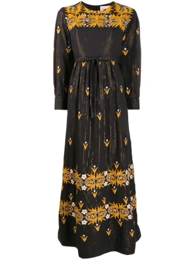 Antik Batik Mexi Pleated Metallic Embroidered Cotton Maxi Dress In Black