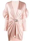 Alexandre Vauthier V Neck Stretch Satin Mini Dress In Pink