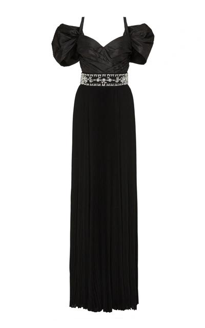 Prada Crystal-embellished Pleated Silk-taffeta Gown In Black