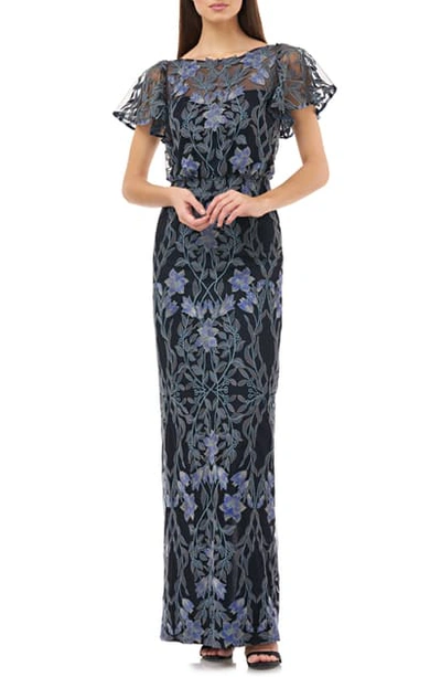 Js Collections Illusion Embroidered Blouson Evening Gown In Blue Multi