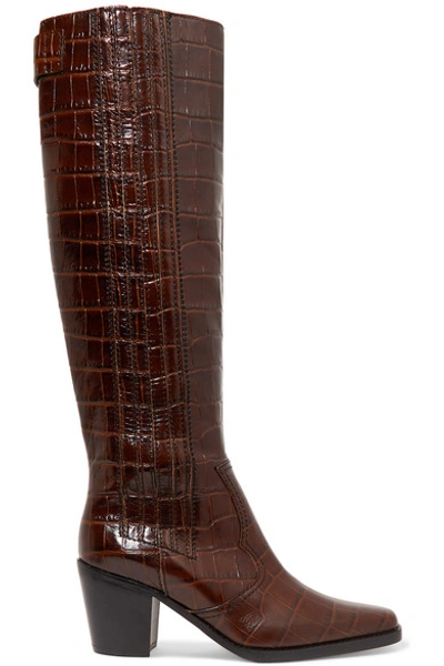 Ganni Croc Embossed Leather Knee High Western Boot In Brown