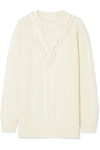 SEE BY CHLOÉ GUIPURE LACE-TRIMMED CABLE-KNIT WOOL-BLEND SWEATER
