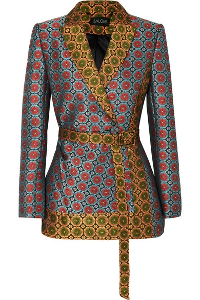 Saloni Maxima Floral Wool Jacquard Belted Blazer In Blue
