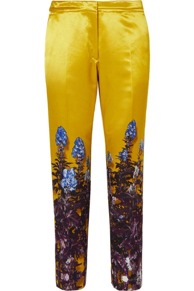 Dries Van Noten Poumas Floral-print Cotton-blend Satin Tapered Pants In Yellow