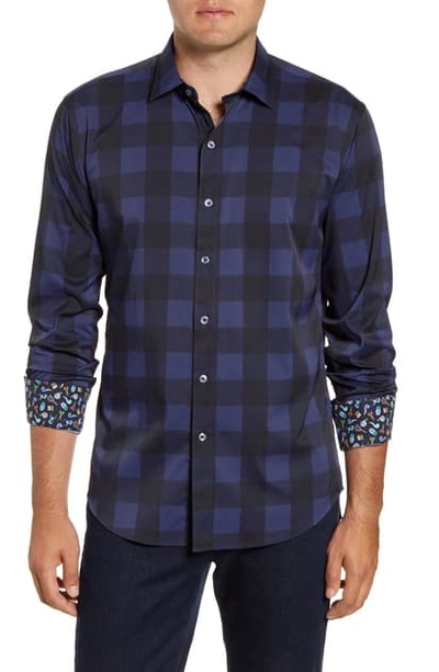 Bugatchi Shaped Fit Check Performance Button-up Shirt In Midnight