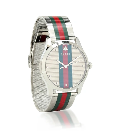 Gucci G-timeless Bee Stripe Mesh Band Watch, 42mm In Silver
