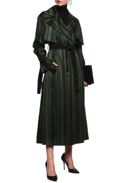 Adeam Woman Striped Satin Trench Coat Forest Green