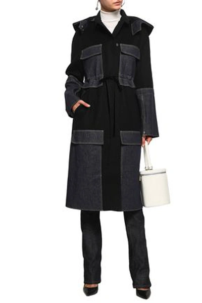 Adeam Woman Denim-paneled Wool-blend Hooded Coat Black